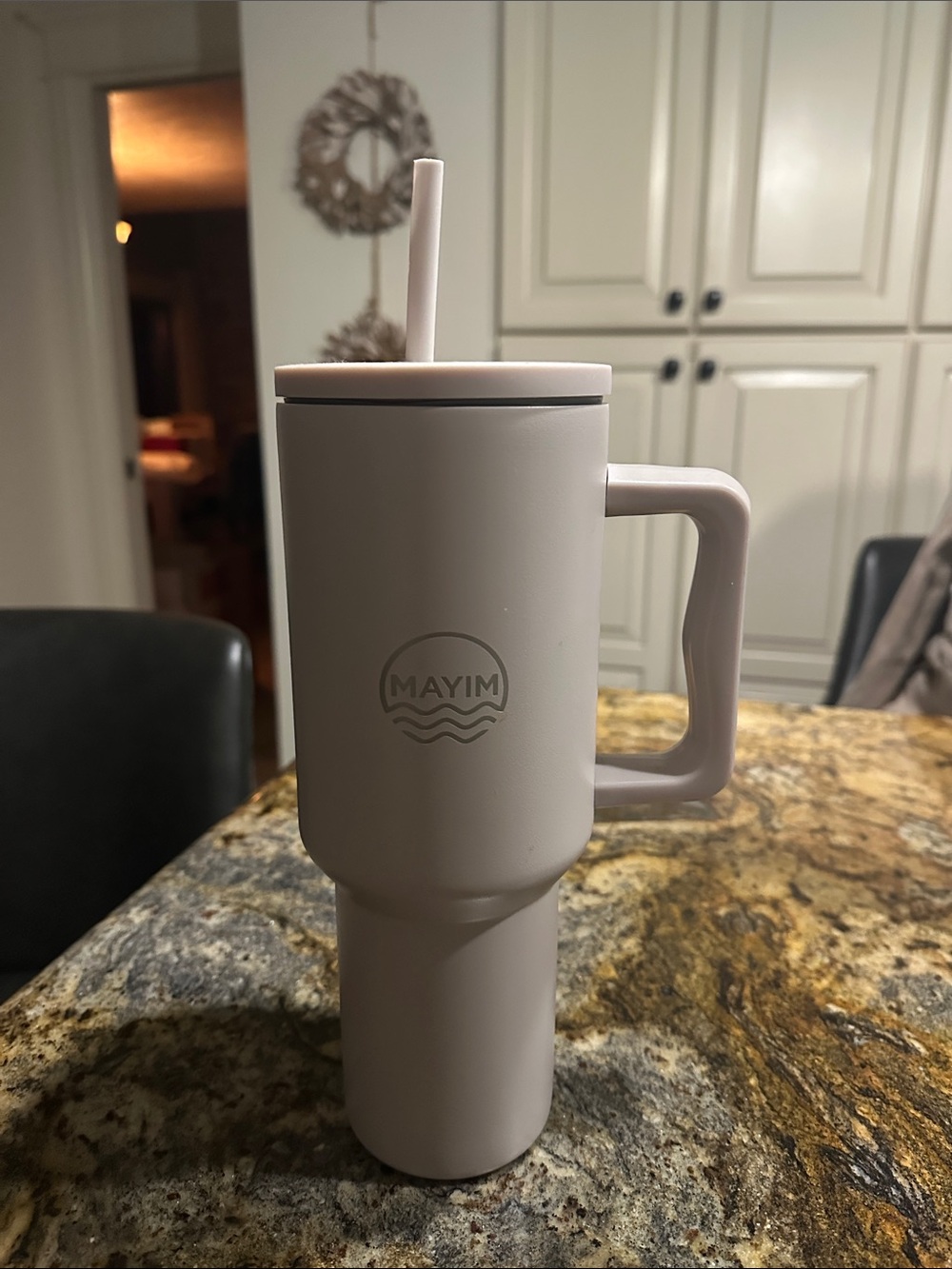 Blush Pink Travel Mug with Handle and Straw